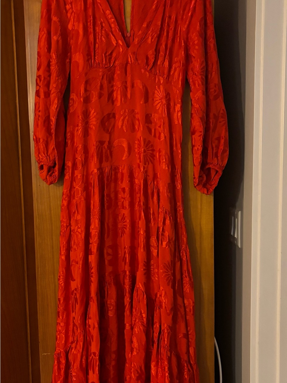 Farm Rio Long Sleeve Jaquard Anthropologie Red V-Neck Maxi Dress - Picture 4 of 9